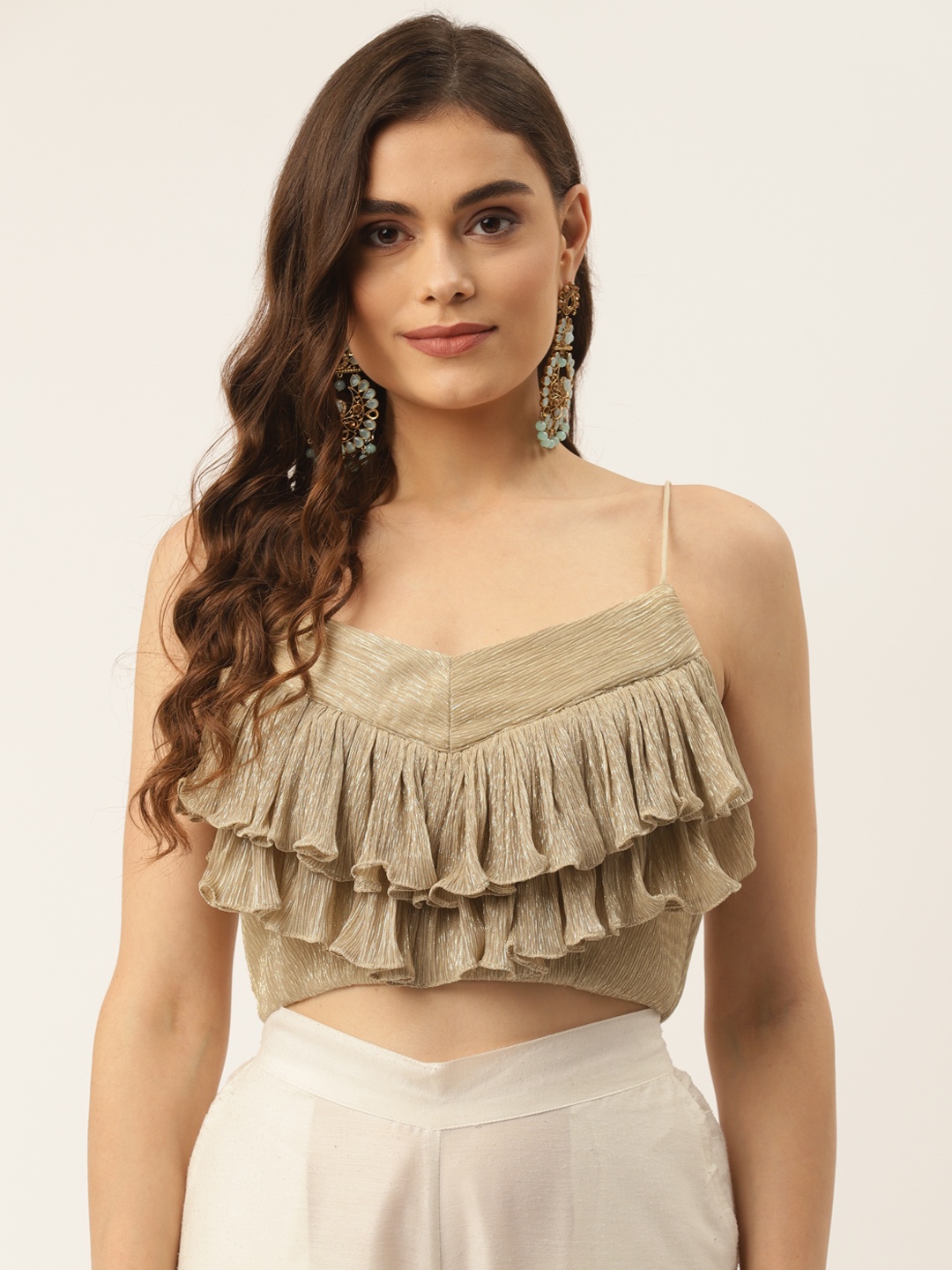 

NDS Niharikaa Designer Studio Golden Solid Ruffle Detail Padded Saree Blouse, Gold