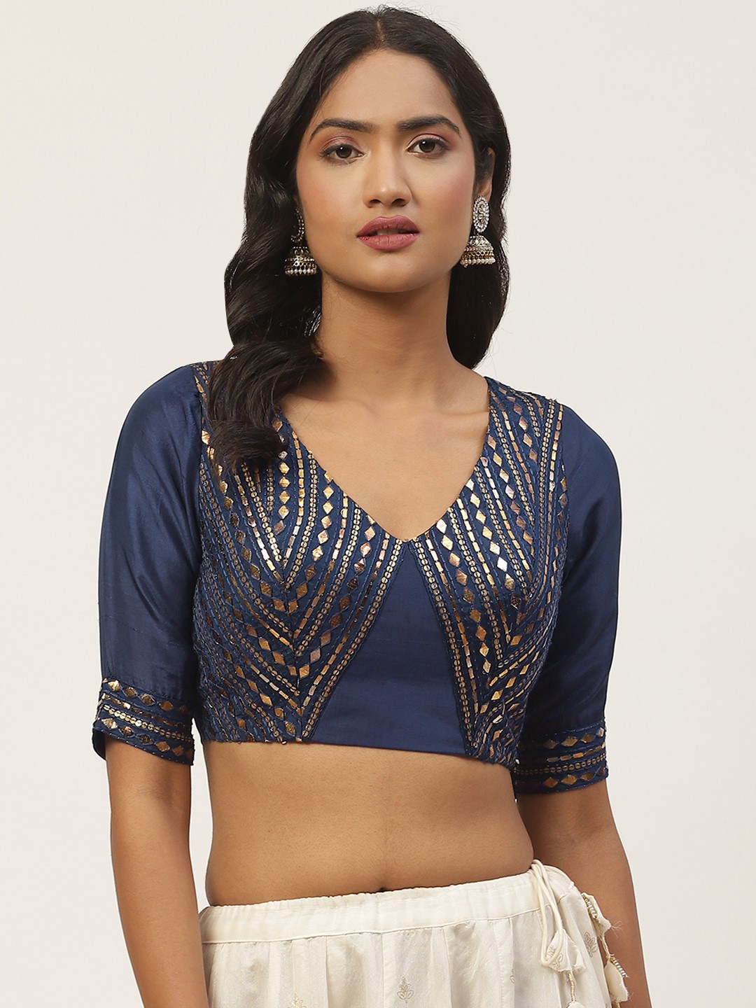 

NDS Niharikaa Designer Studio Navy Blue Zari Embellished Padded Saree Blouse