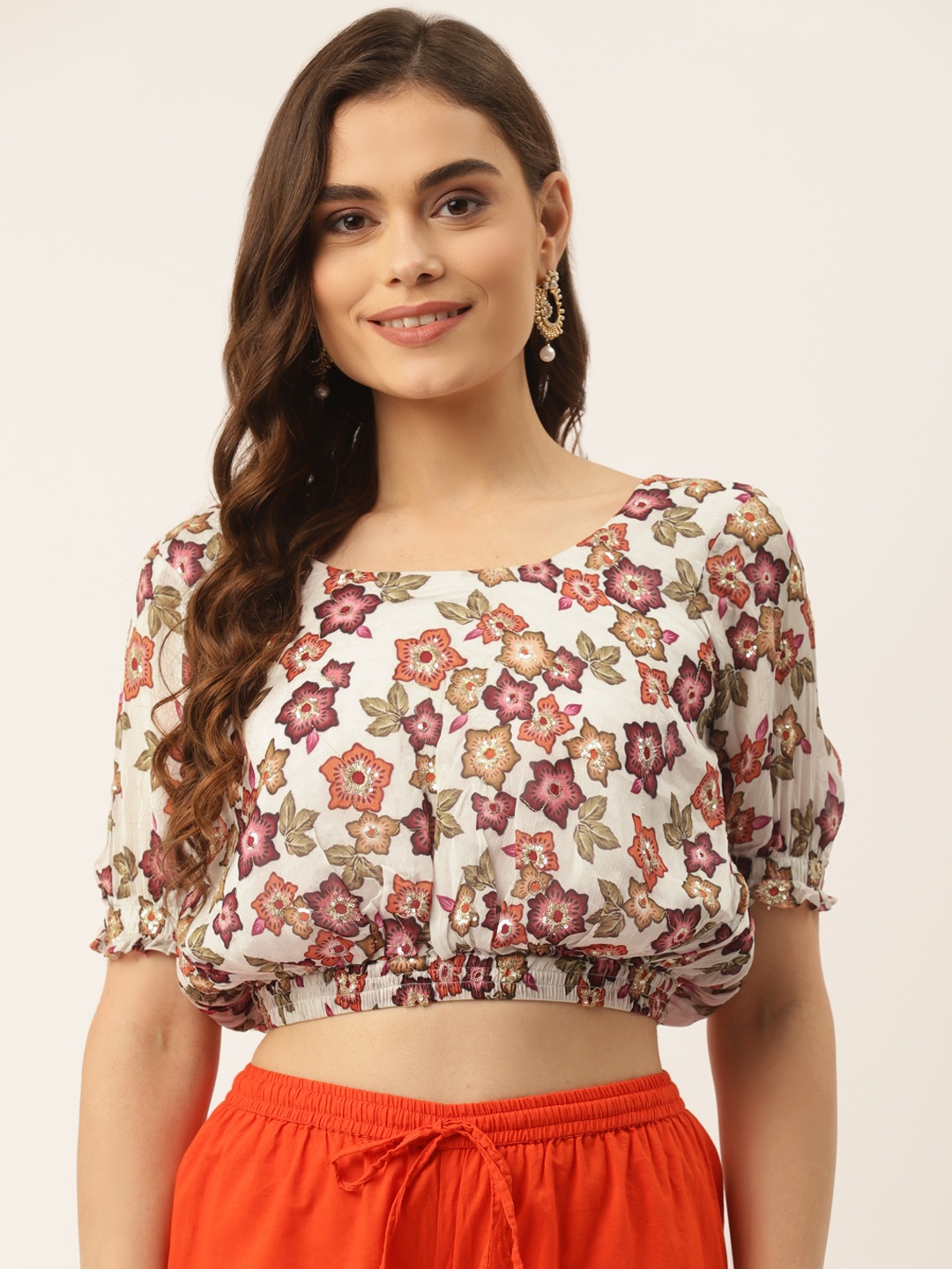 

NDS Niharikaa Designer Studio Women White & Pink Floral Saree Blouse