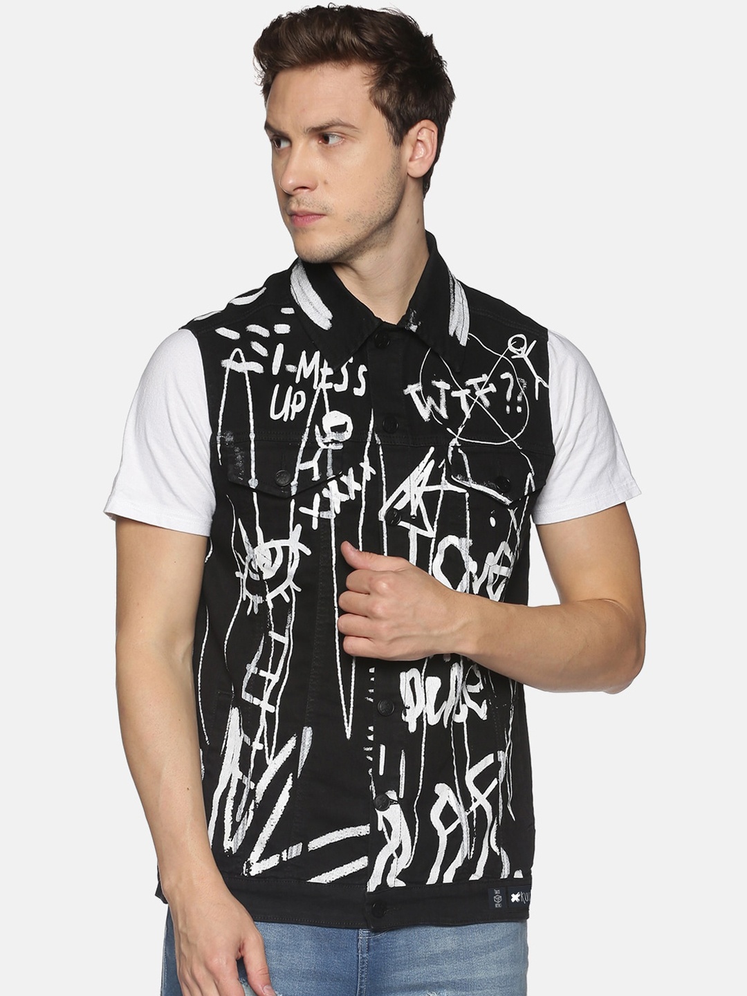 

KULTPRIT Men Black & White Typography Cotton Tailored Jacket