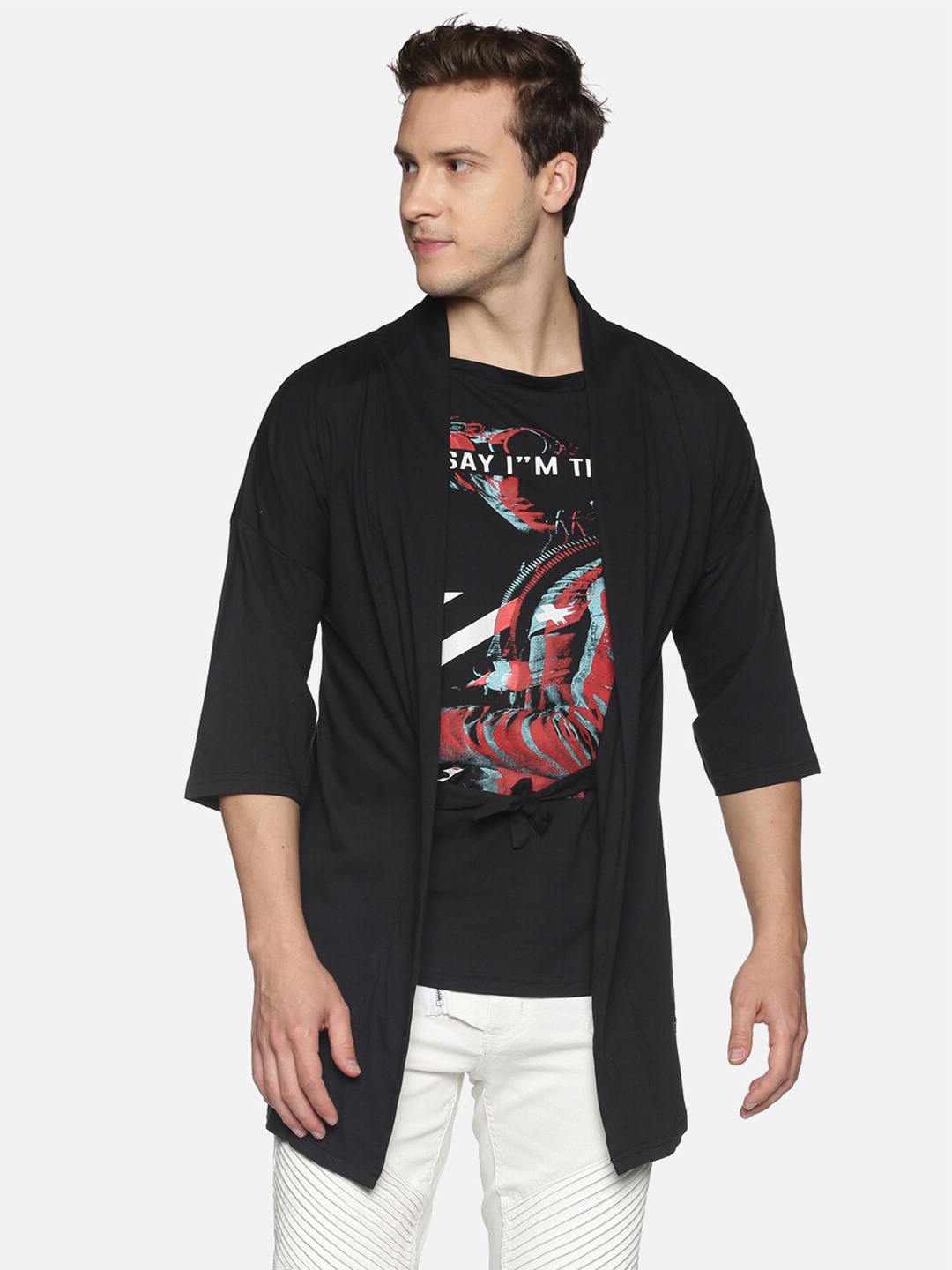 

KULTPRIT Men Black Self Design Longline Cotton Shrug