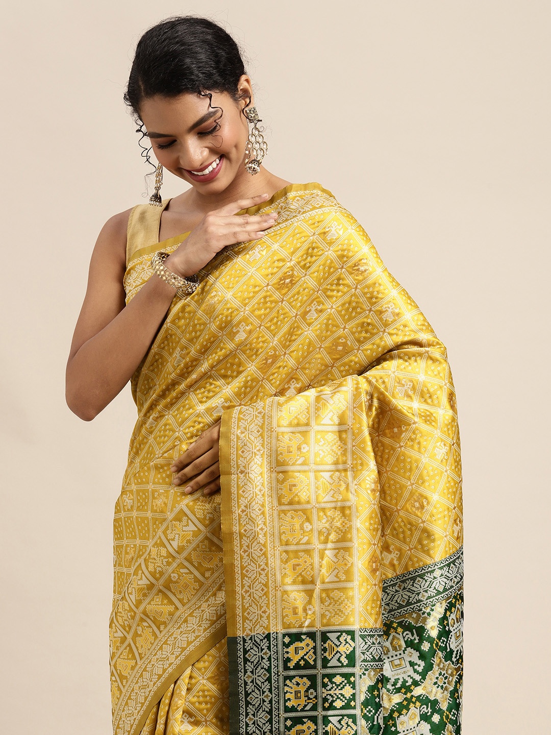 

all about you Mustard Yellow & Olive Green Ethnic Motifs Silk Blend Saree