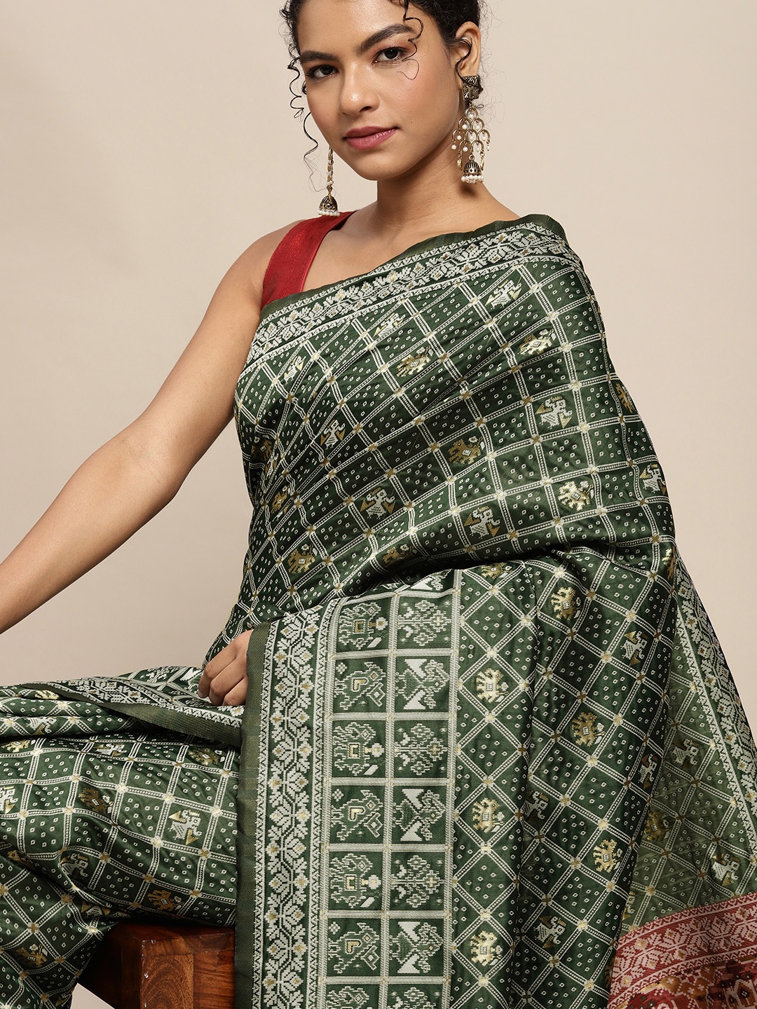 

all about you Olive Green & Maroon Ethnic Motifs Silk Blend Saree
