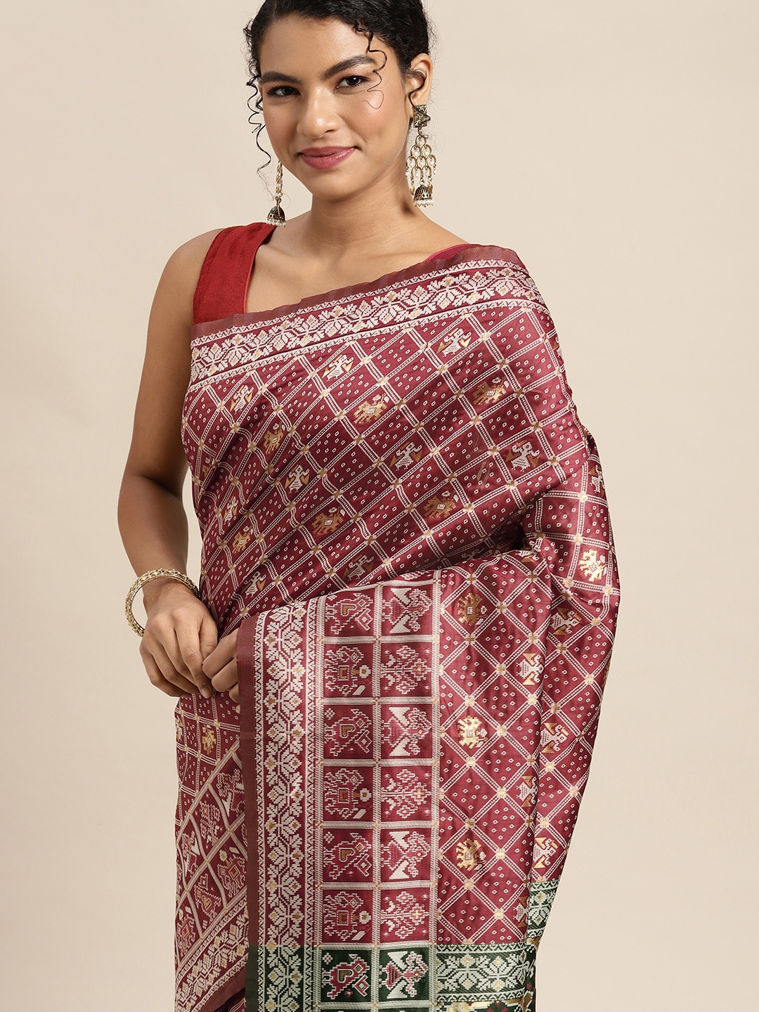 

all about you Maroon & Olive Green Ethnic Motifs Silk Blend Saree