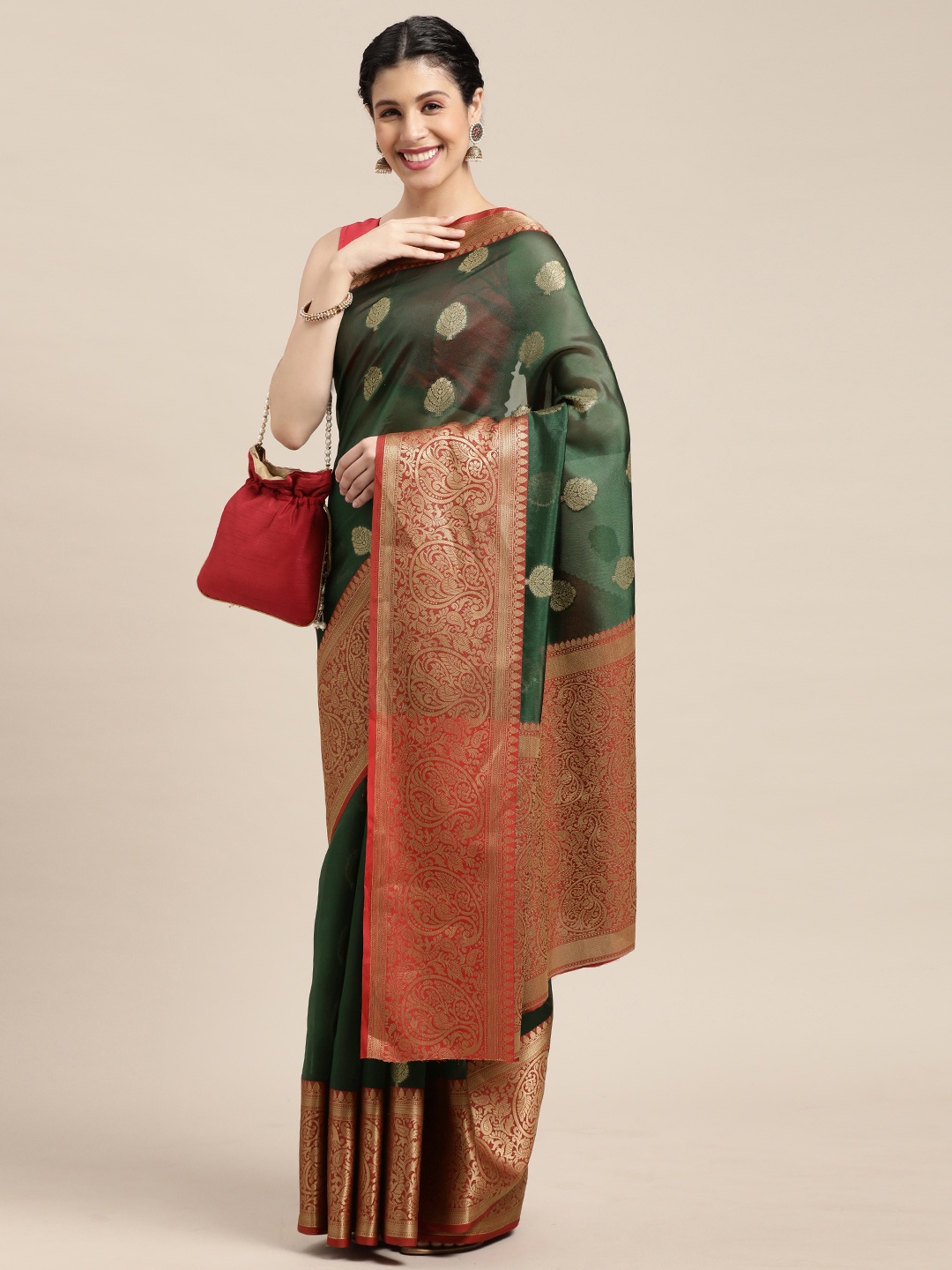 

all about you Olive Green & Red Ethnic Motifs Silk Blend Saree