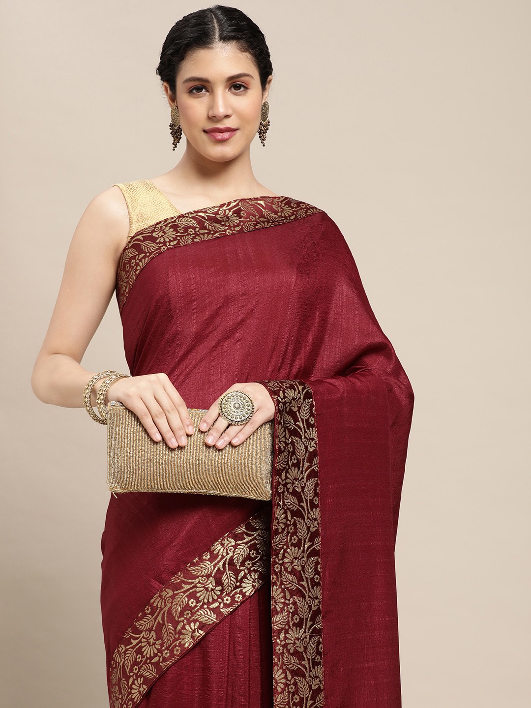

all about you Maroon & Golden Silk Blend Saree