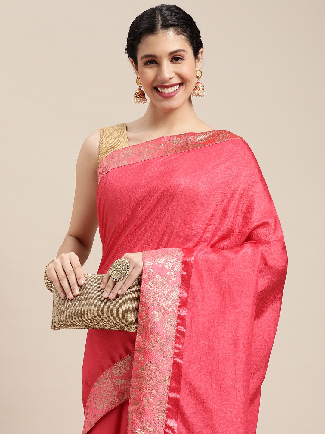 

all about you Pink & Golden Silk Blend Saree