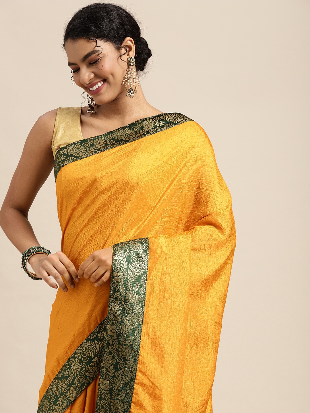 

all about you Mustard Yellow & Green Silk Blend Saree