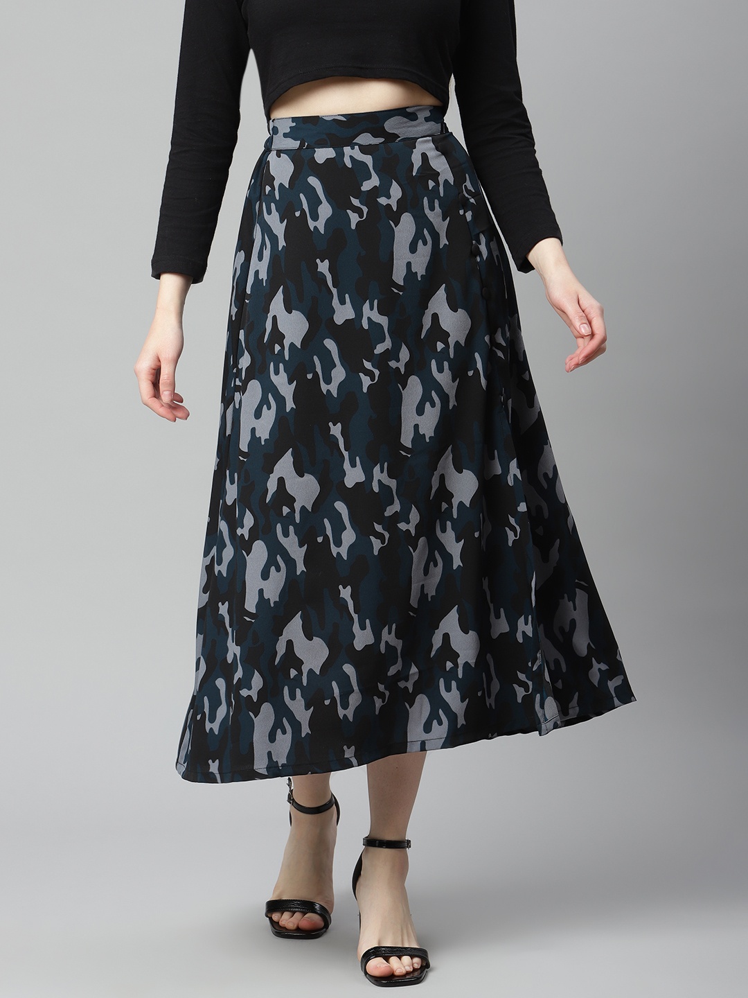 

plusS Women Navy Blue & Grey Camouflage Print Straight Hem A-line Midi Skirt