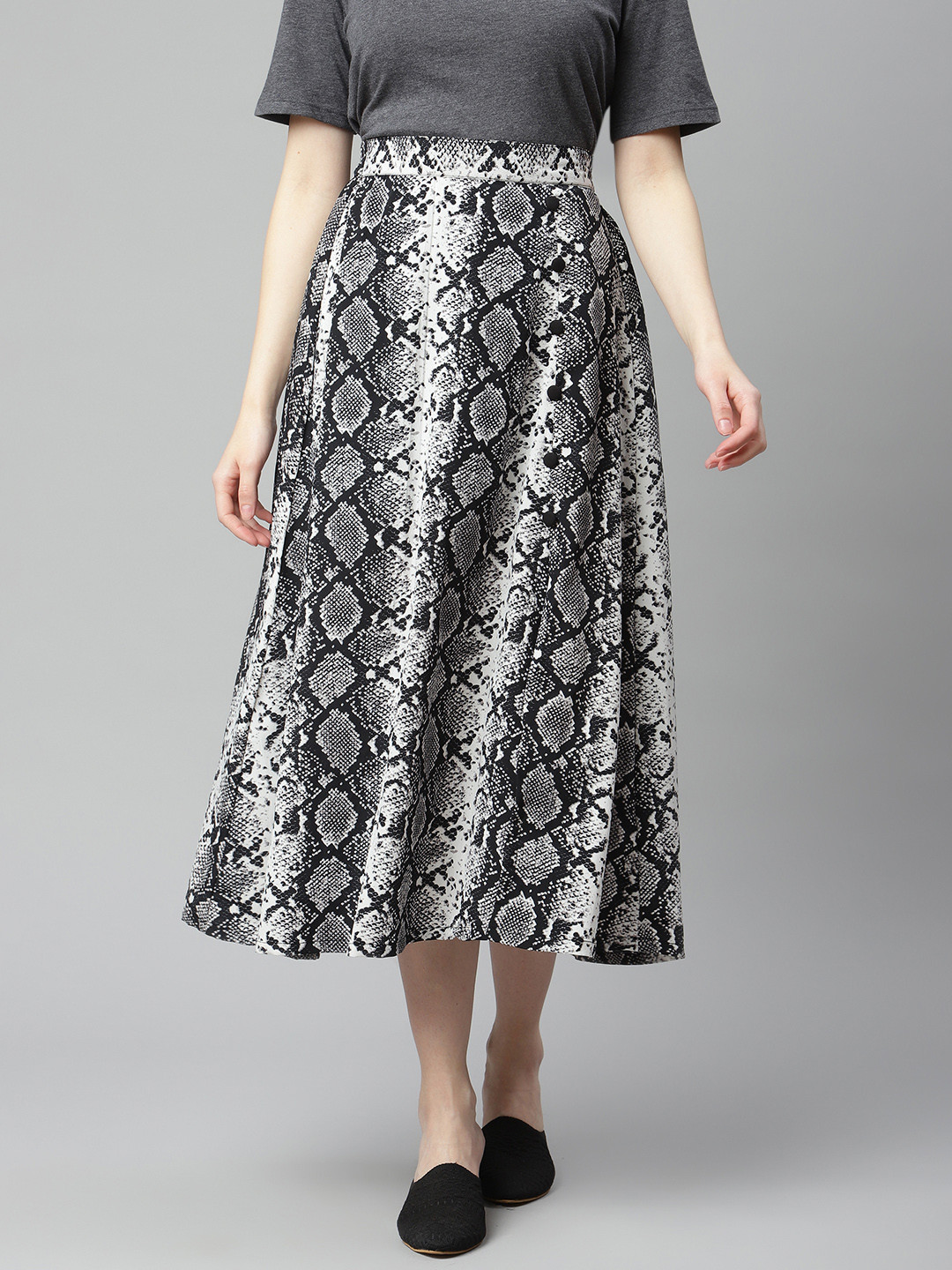 

plusS Women White & Black Animal Skin Print Flared Hem A-line Midi Skirt