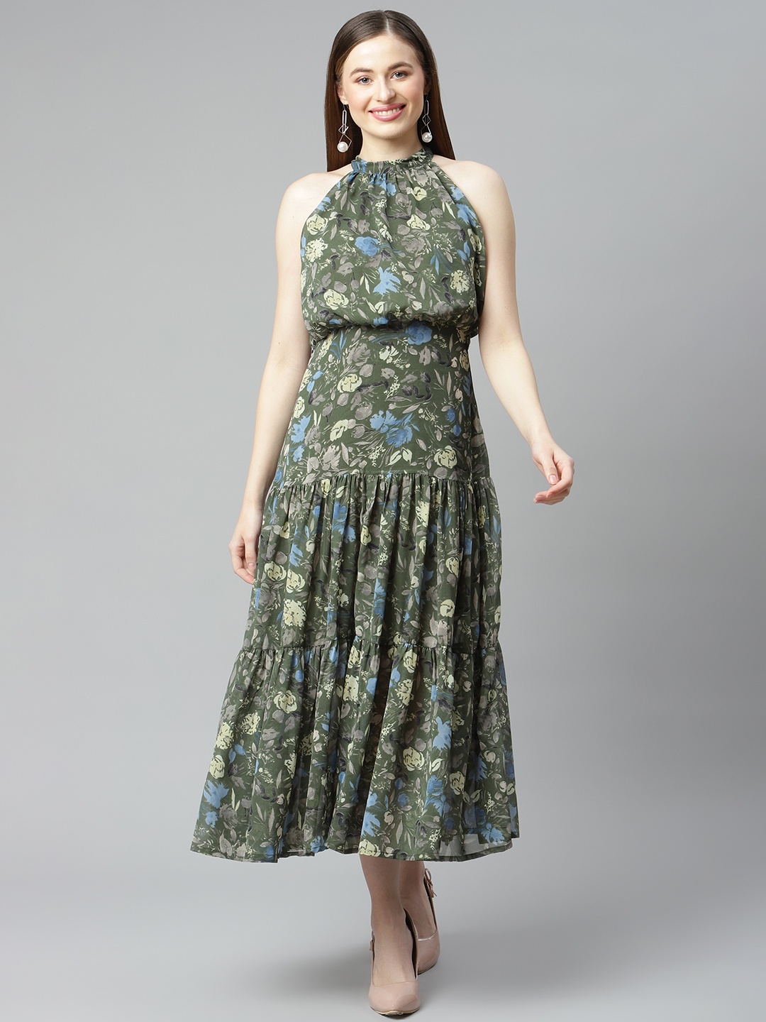 

plusS Green & Blue Floral A-Line Midi Tiered Dress