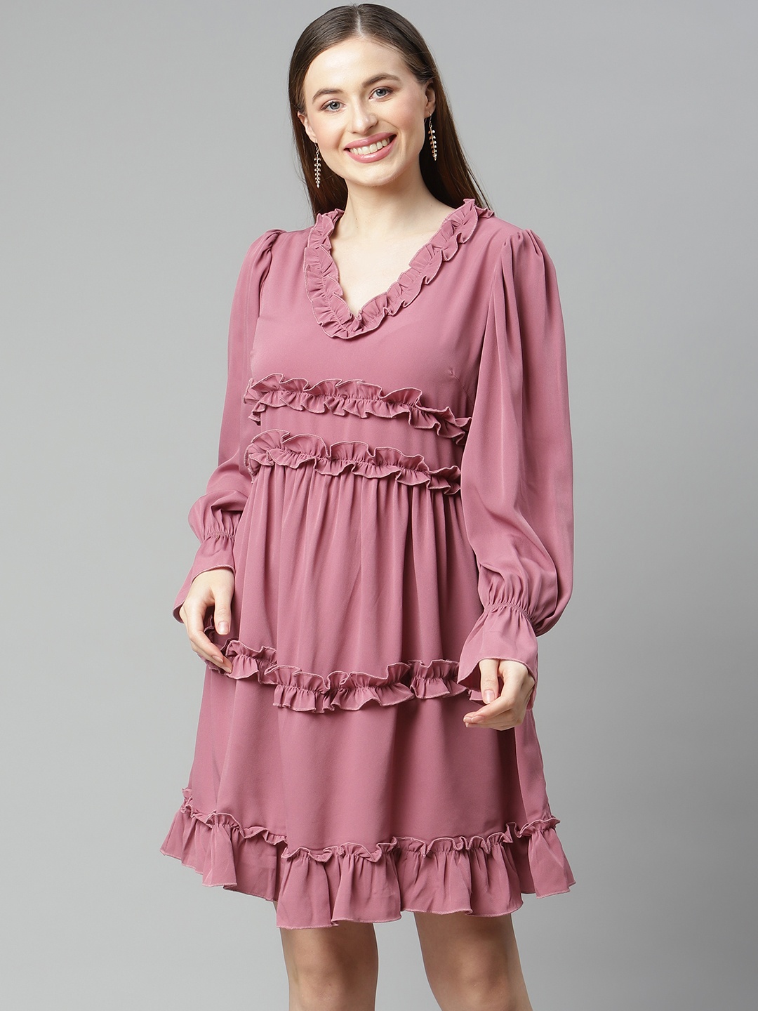 

plusS Dusty Pink Solid A-Line Tiered Ruffle Dress, Rose