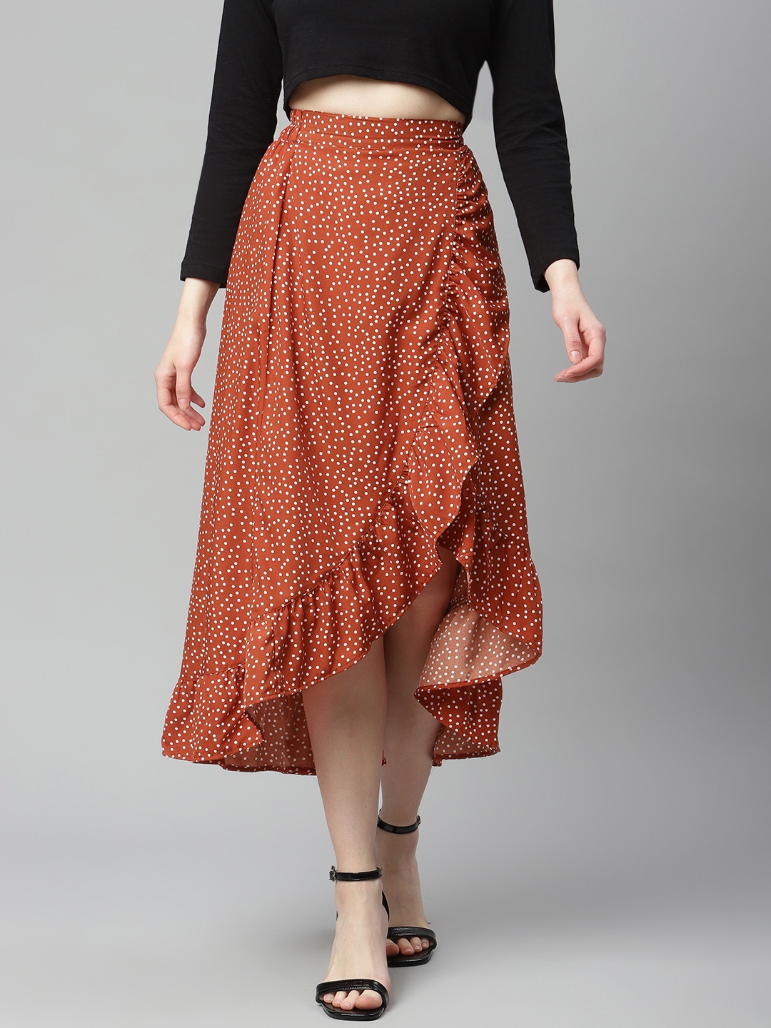 

plusS Women Red & White Polka Dot Print Asymmetric Hem A-line Midi Skirt