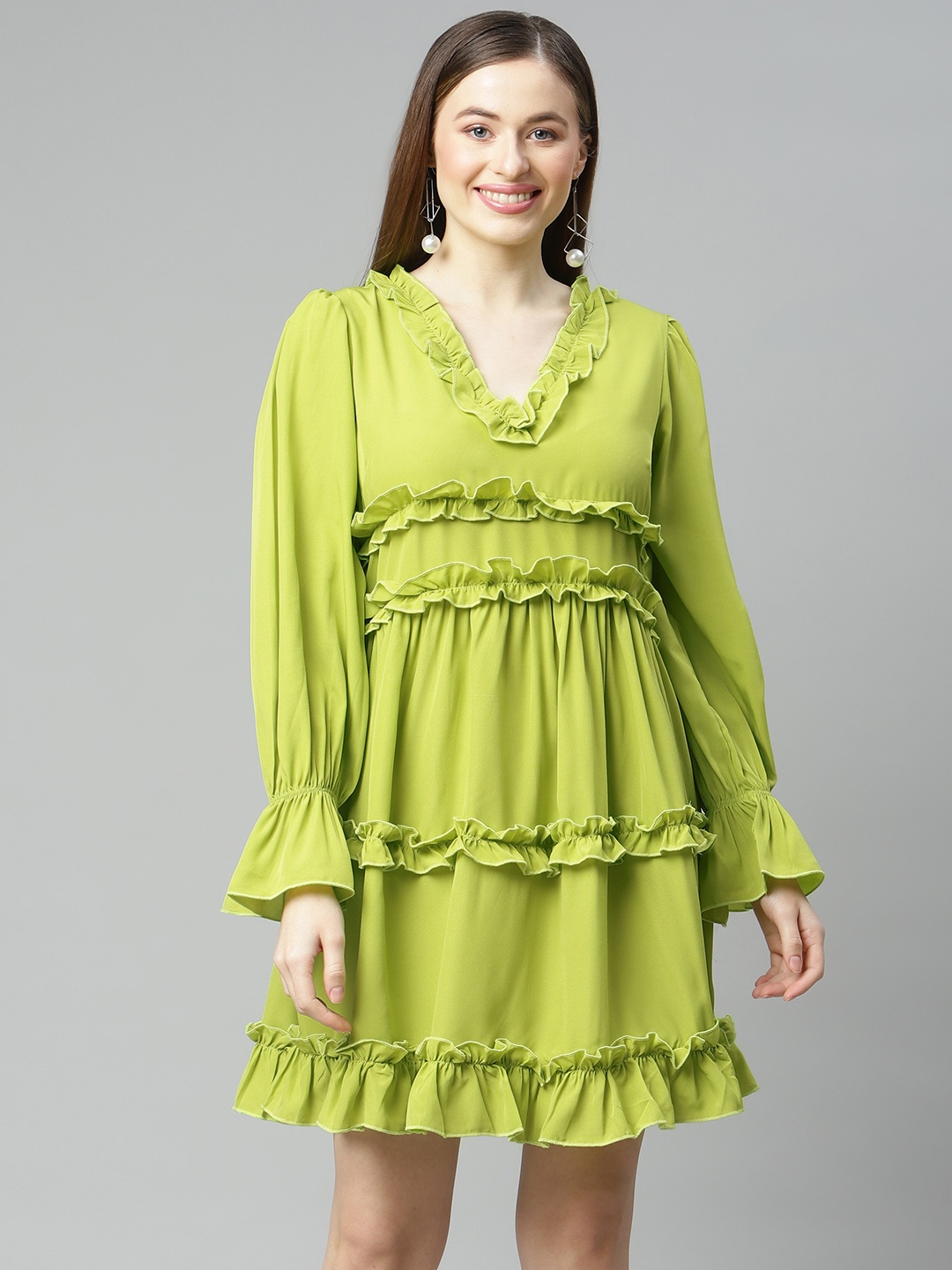 

plusS Lime Green Solid A-Line Ruffle Tiered Dress