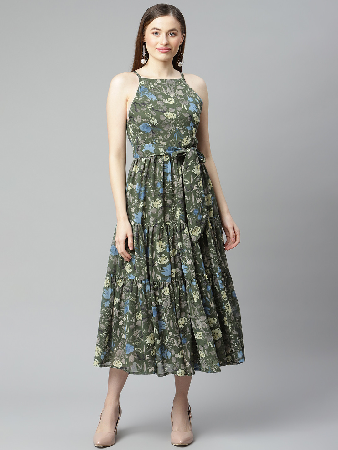 

plusS Green & Blue Floral Printed A-Line Midi Tiered Dress