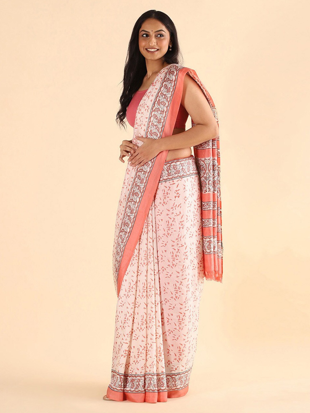 

Taneira Cream-Coloured & Pink Pure Silk Saree