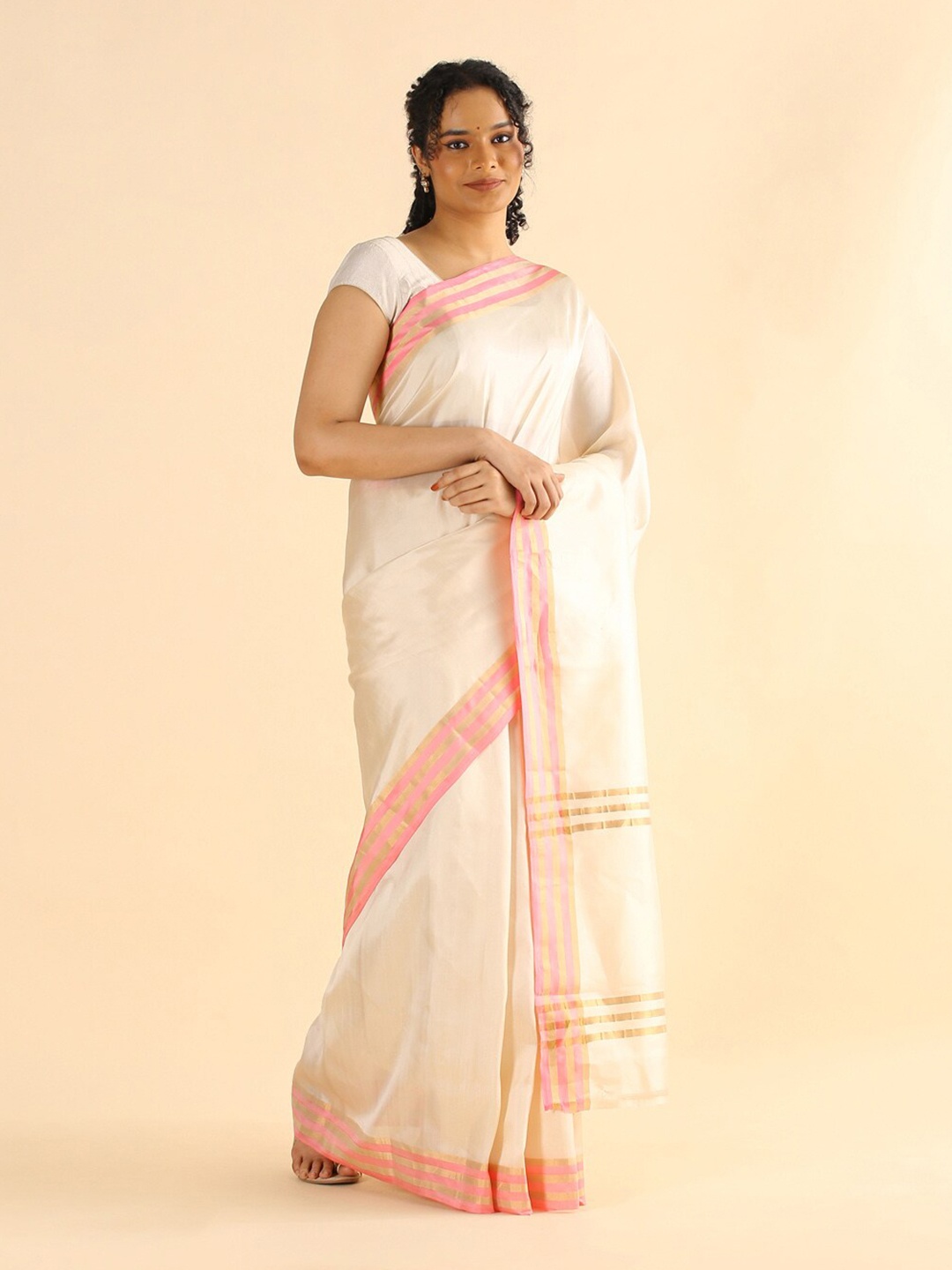 

Taneira Beige & Pink Zari Pure Silk Saree