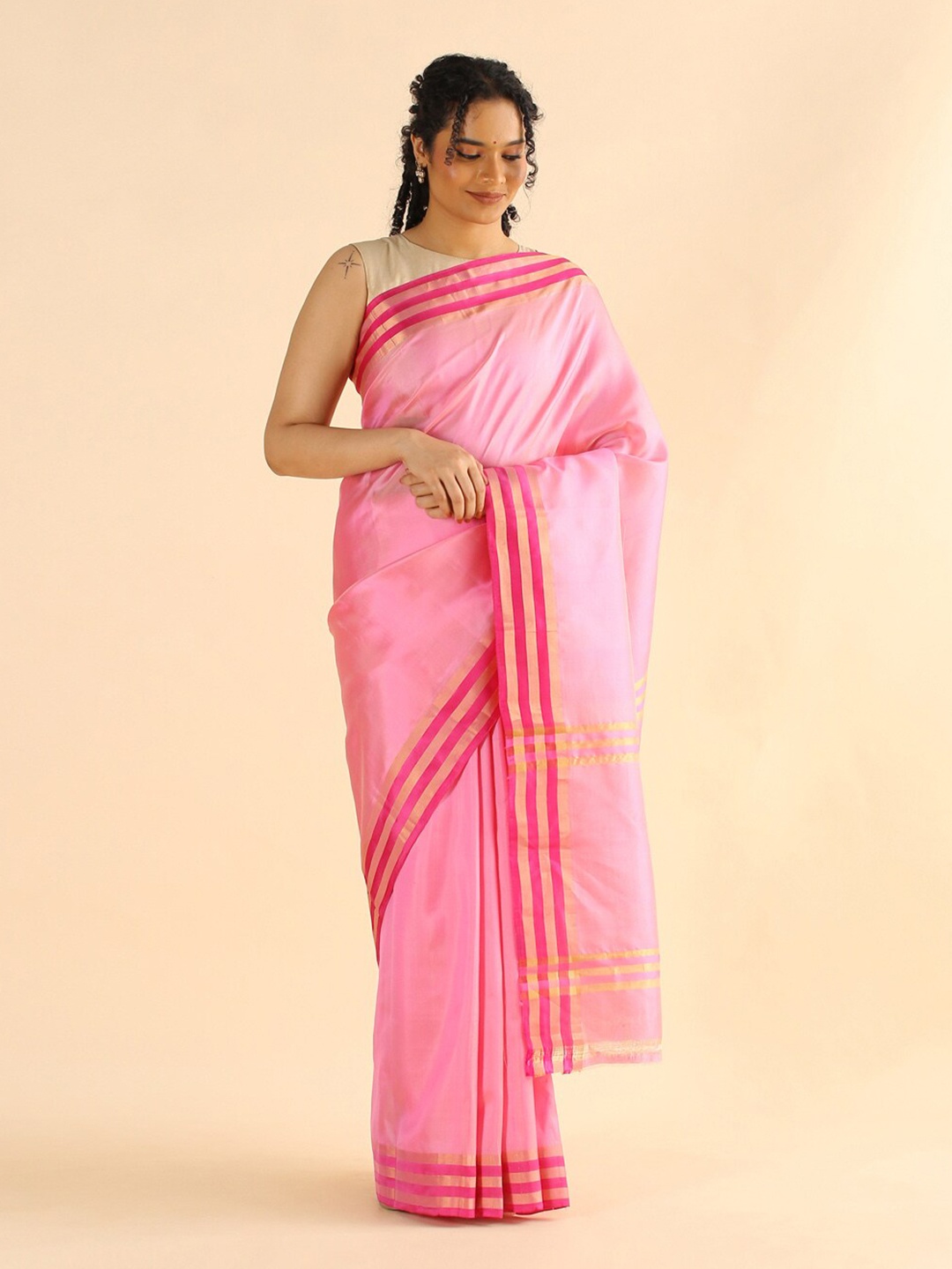 

Taneira Pink & Gold-Toned Zari Pure Silk Saree
