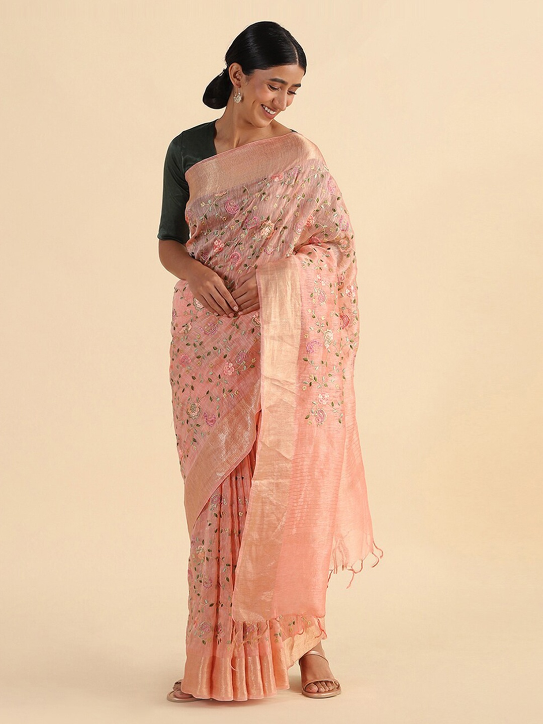 

Taneira Pink & Green Floral Pure Linen Saree