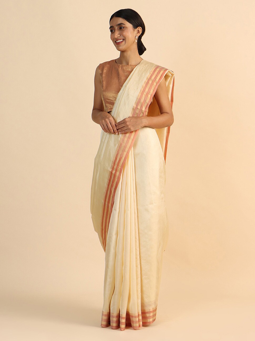 

Taneira Beige & Peach-Coloured Zari Pure Silk Saree