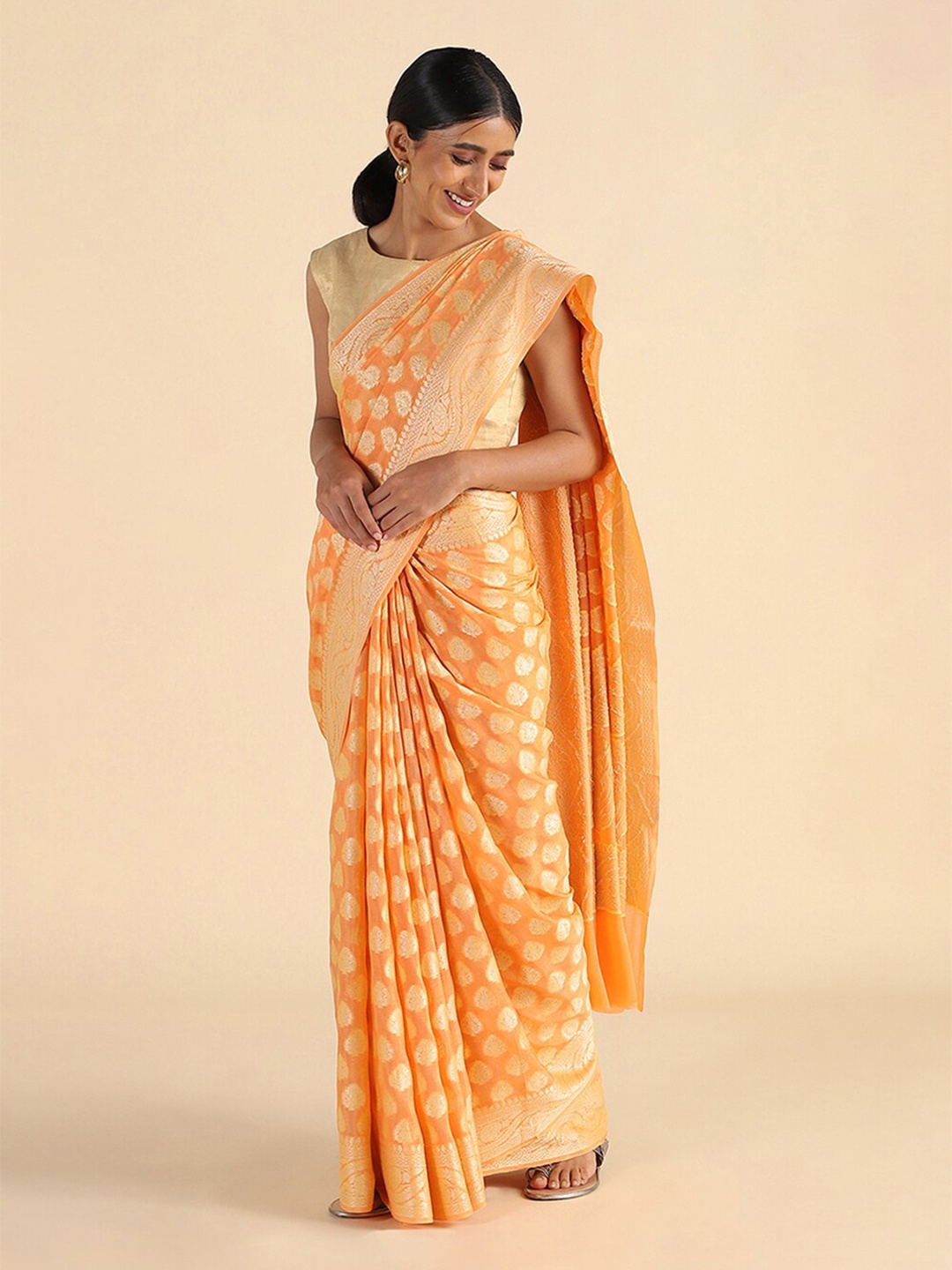 

Taneira Orange & Gold-Toned Floral Zari Pure Georgette Banarasi Saree
