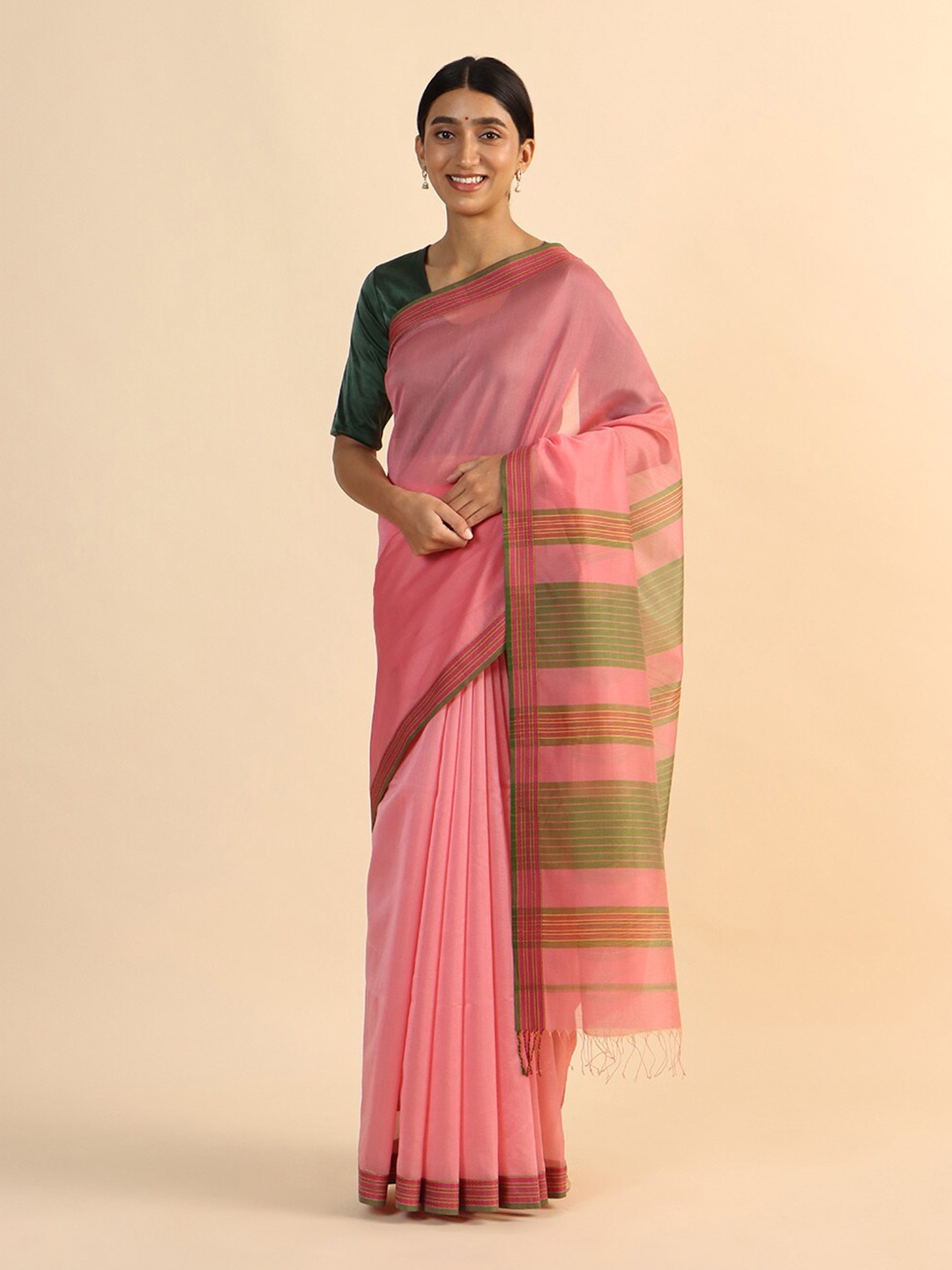 

Taneira Pink & Green Zari Silk Cotton Maheshwari Saree