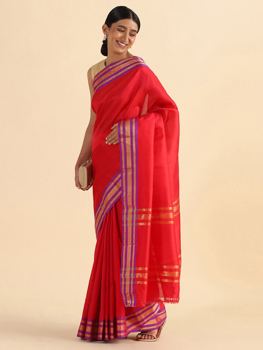 

Taneira Red & Purple Zari Pure Silk Saree