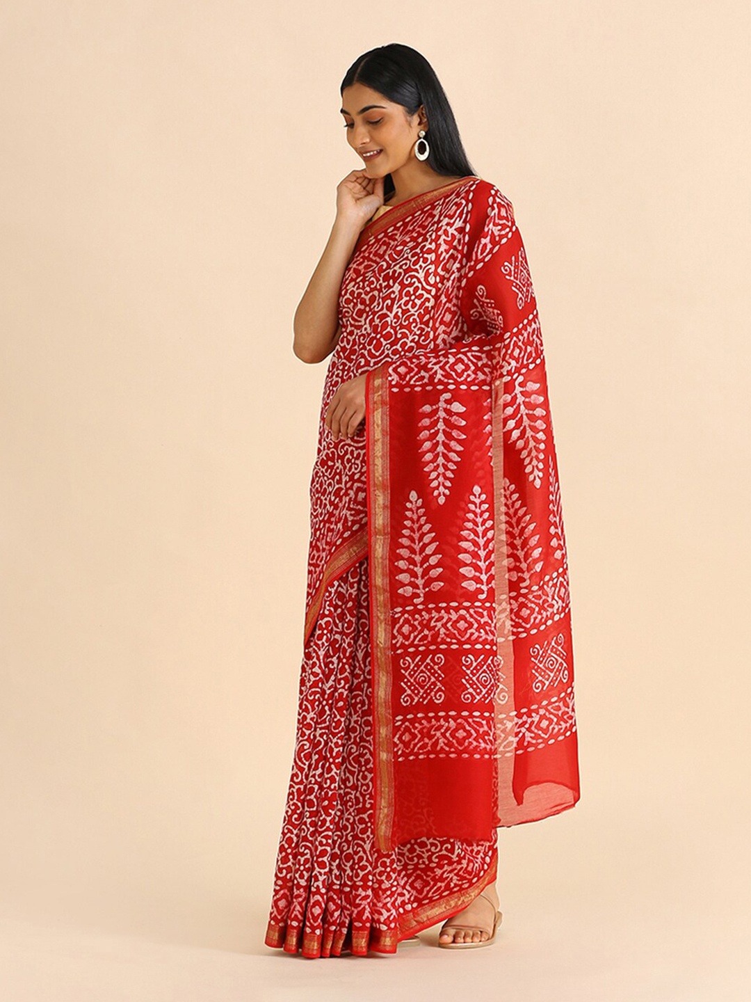 

Taneira Red Batik Silk Cotton Saree