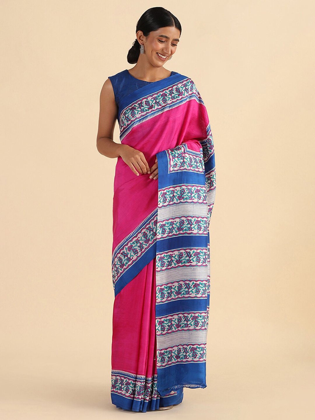 

Taneira Pink & Navy Blue Pure Silk Block Print Saree