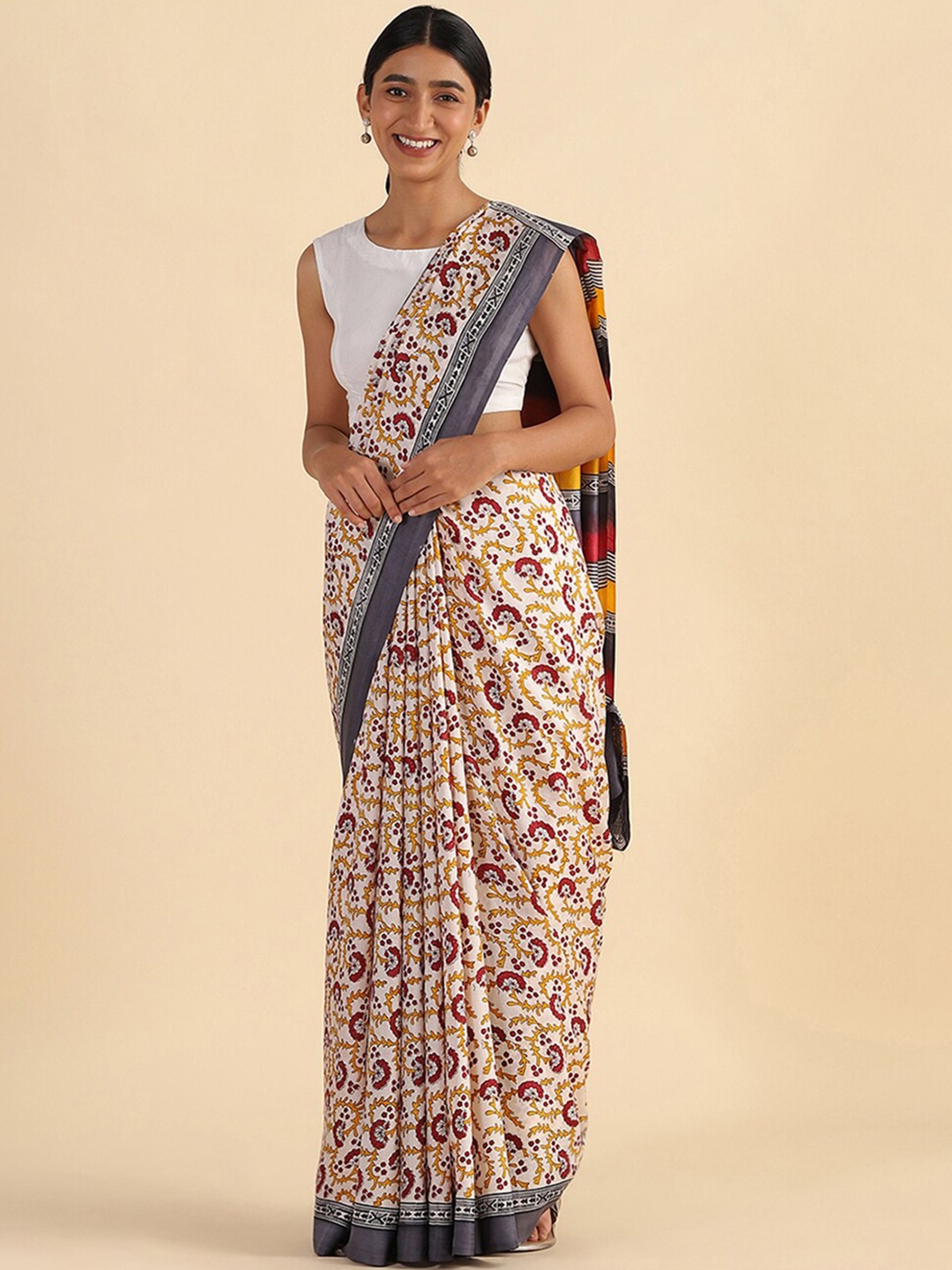

Taneira Cream-Coloured & Grey Ethnic Motifs Pure Silk Block Print Saree