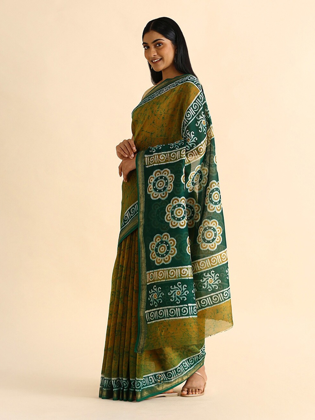 

Taneira Olive Green & Green Batik Zari Silk Cotton Saree