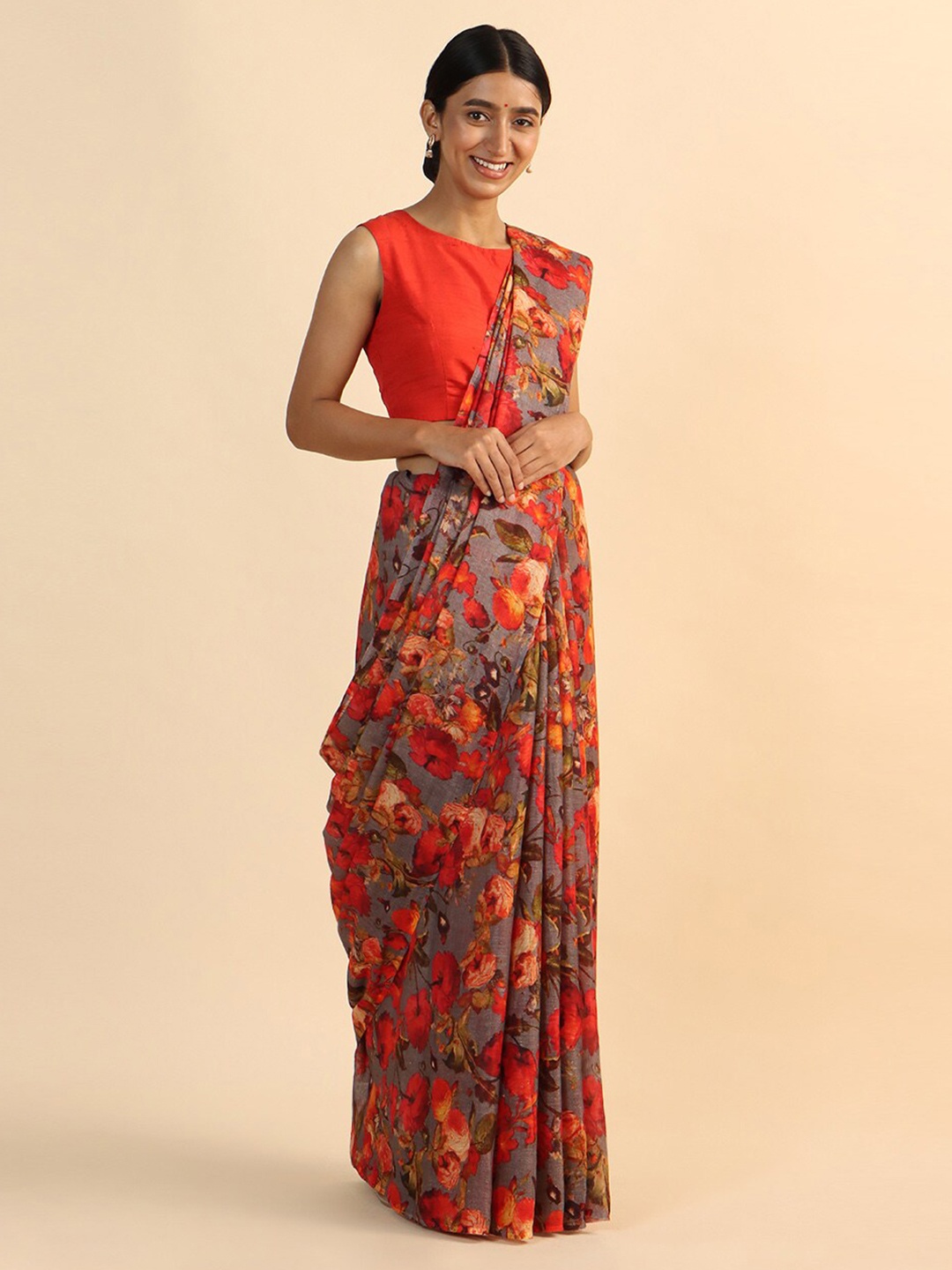 

Taneira Grey & Red Floral Printed Pure Linen Saree