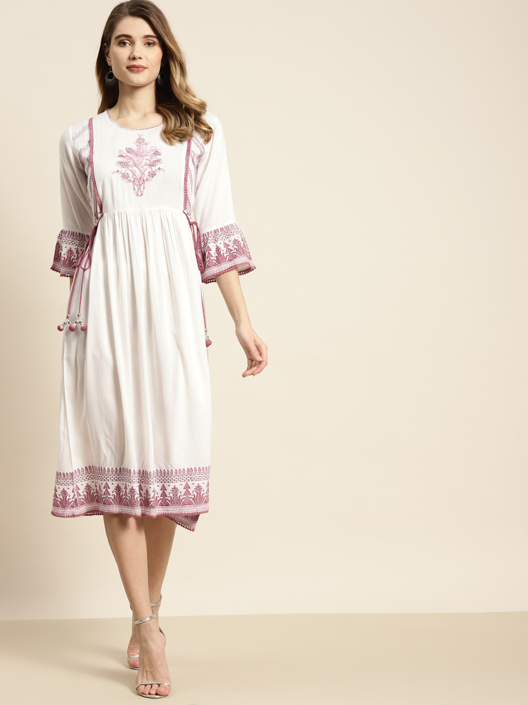 

Juniper White & Mauve Ethnic Yoke Embroidered Sequined Tie-Ups Midi Fit & Flare Dress