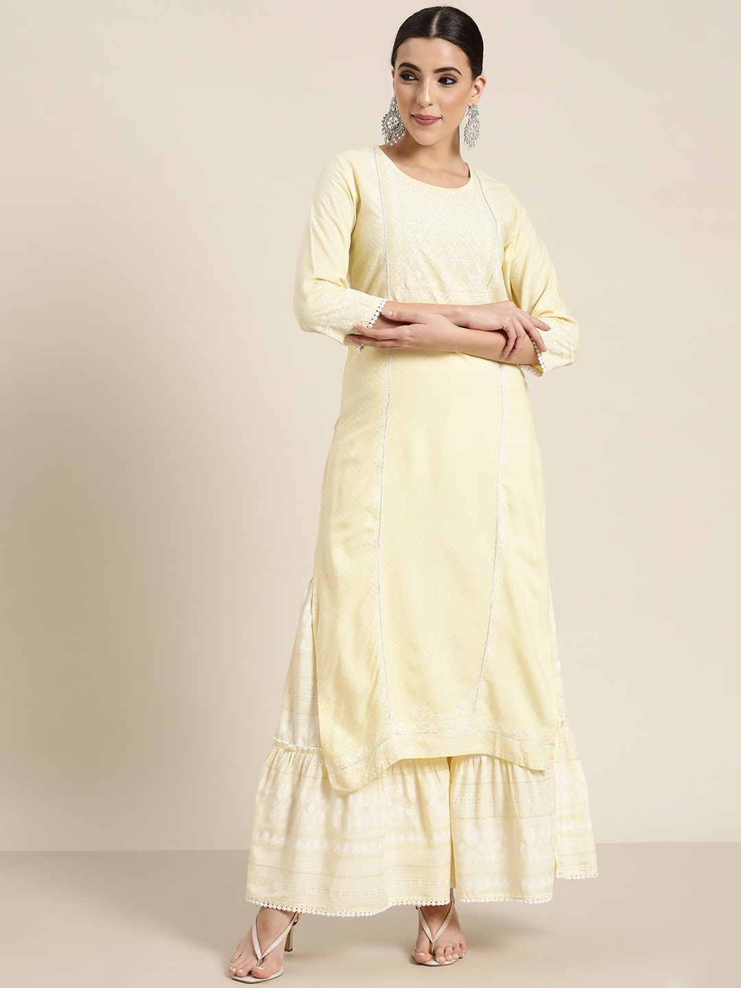 

Juniper Women Yellow Ethnic Motifs Printed Gotta Patti Straight Kurta Sharara Set