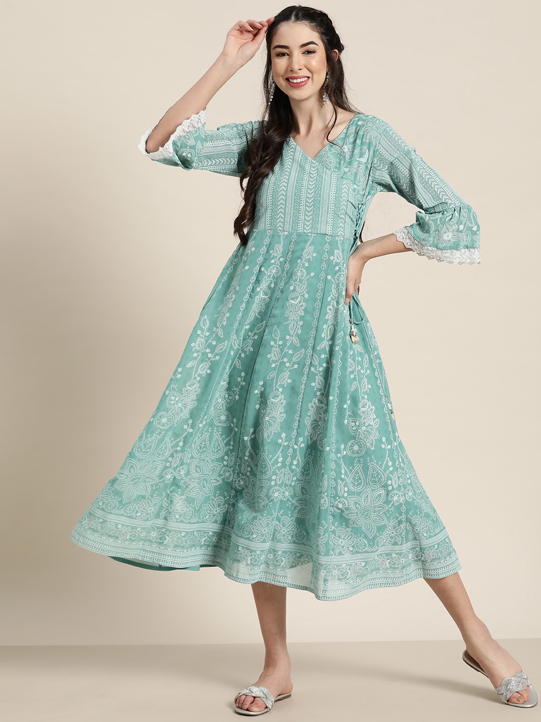 

Juniper Women Blue Ethnic Motifs Printed Georgette Ethnic A-Line Angrakha Dress