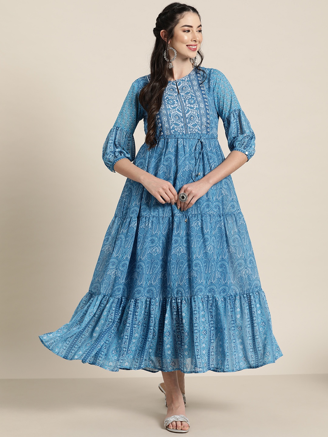 

Juniper Women Blue Ethnic Motifs Printed Georgette Sequinned Tiered Dress