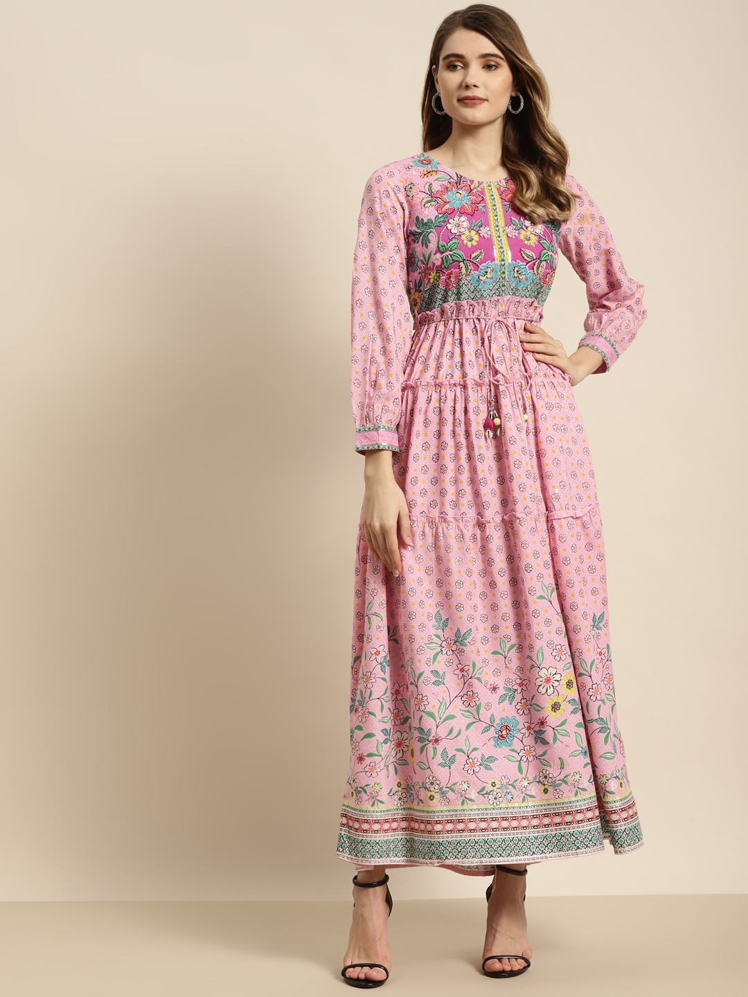 

Juniper Pink & Green Ethnic Motifs Print Tiered & Ruffled Sequined Maxi Fit & Flare Dress