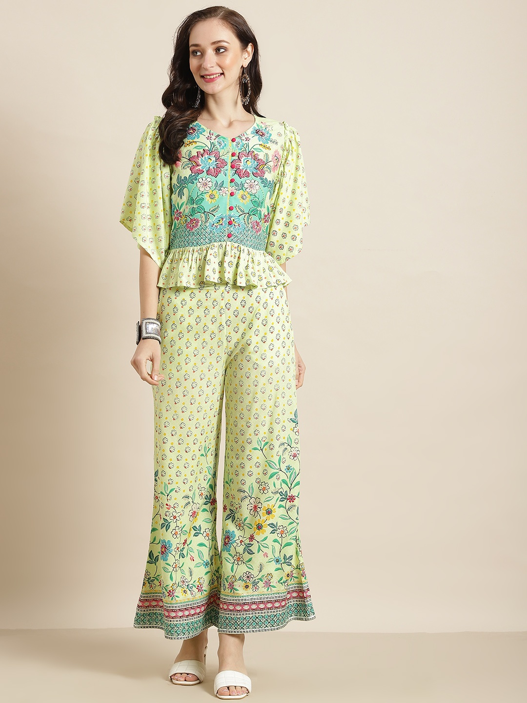 

Juniper Women Lime Green Printed Peplum Top & Palazzo