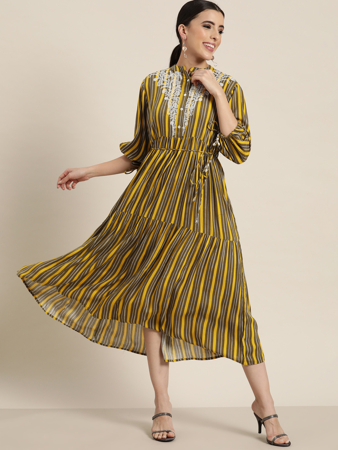 

Juniper Women Olive Green & Yellow Striped Embroidered A-Line Crepe Tiered Dress