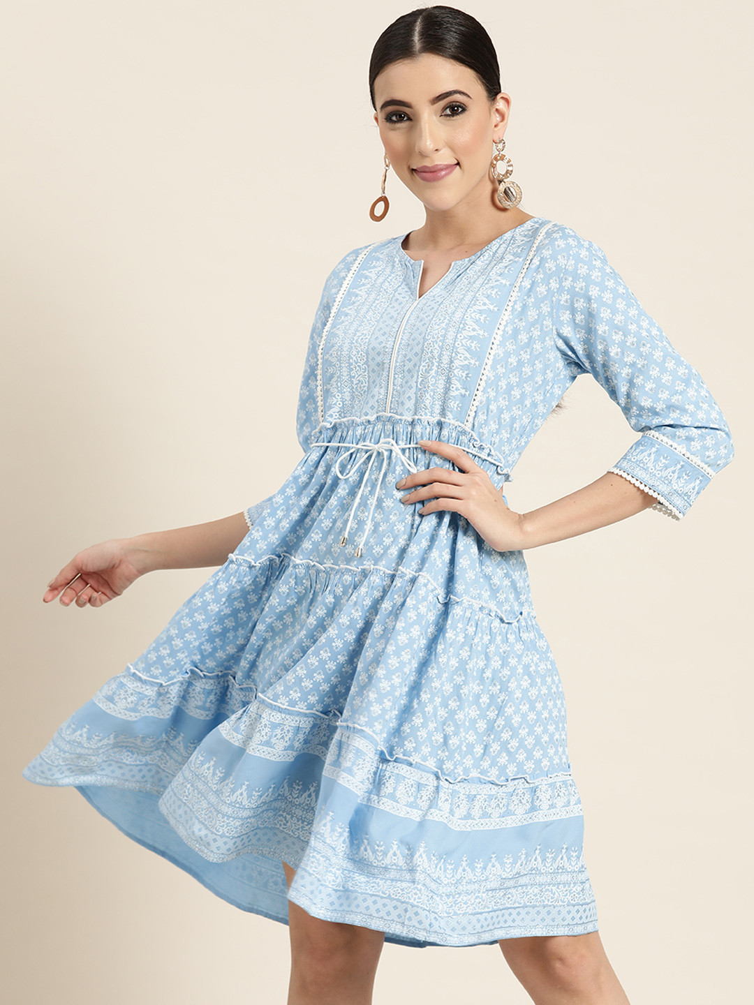 

Juniper Women Blue Ethnic Motifs Printed Yoke Design Lace Inserts Tiered A-Line Dress
