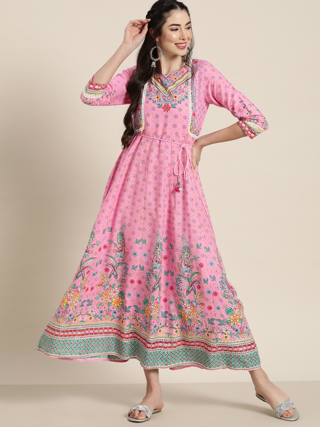

Juniper Women Pink Floral Printed Lace Inserts Ethnic A-Line Maxi Dress