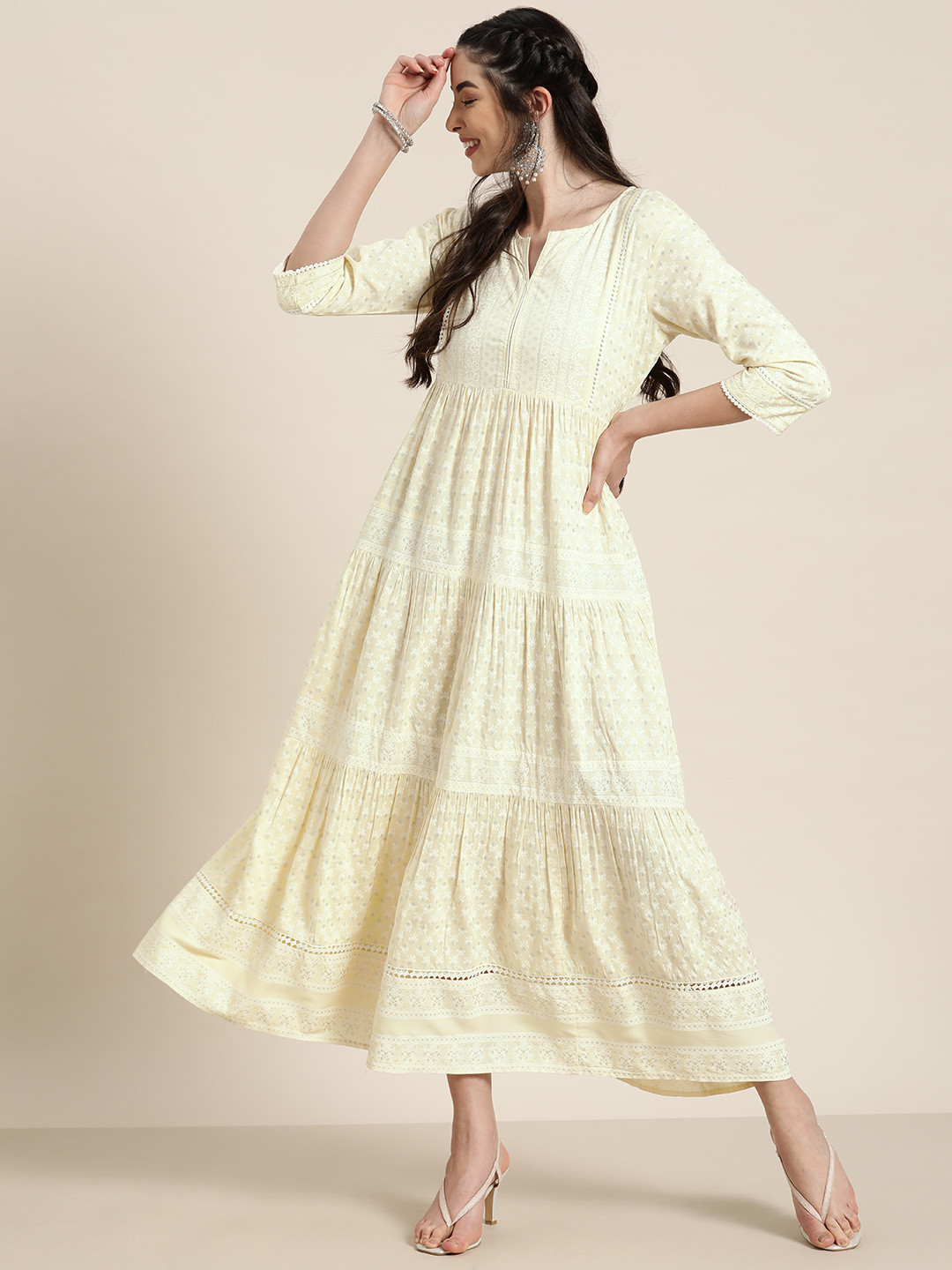 

Juniper Women Yellow Ethnic Motifs Printed Lace Inserts A-Line Tiered Dress