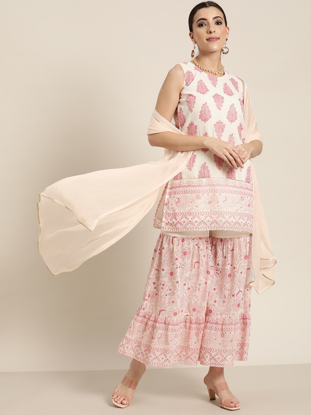 

Juniper Women Off White & Pink Ethnic Printed Gotta Patti Straight Kurti Sharara & Dupatta