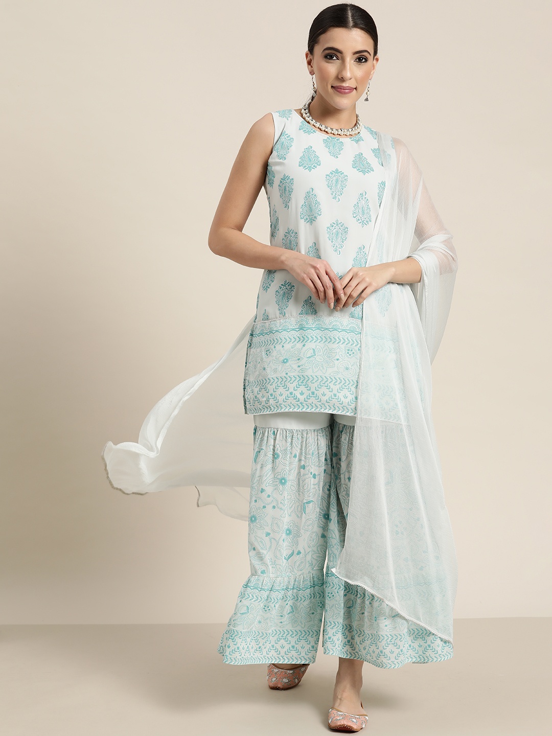 

Juniper Women White Ethnic Motifs Printed Gotta Patti Silk Georgette Kurti with Sharara & With Dupatta