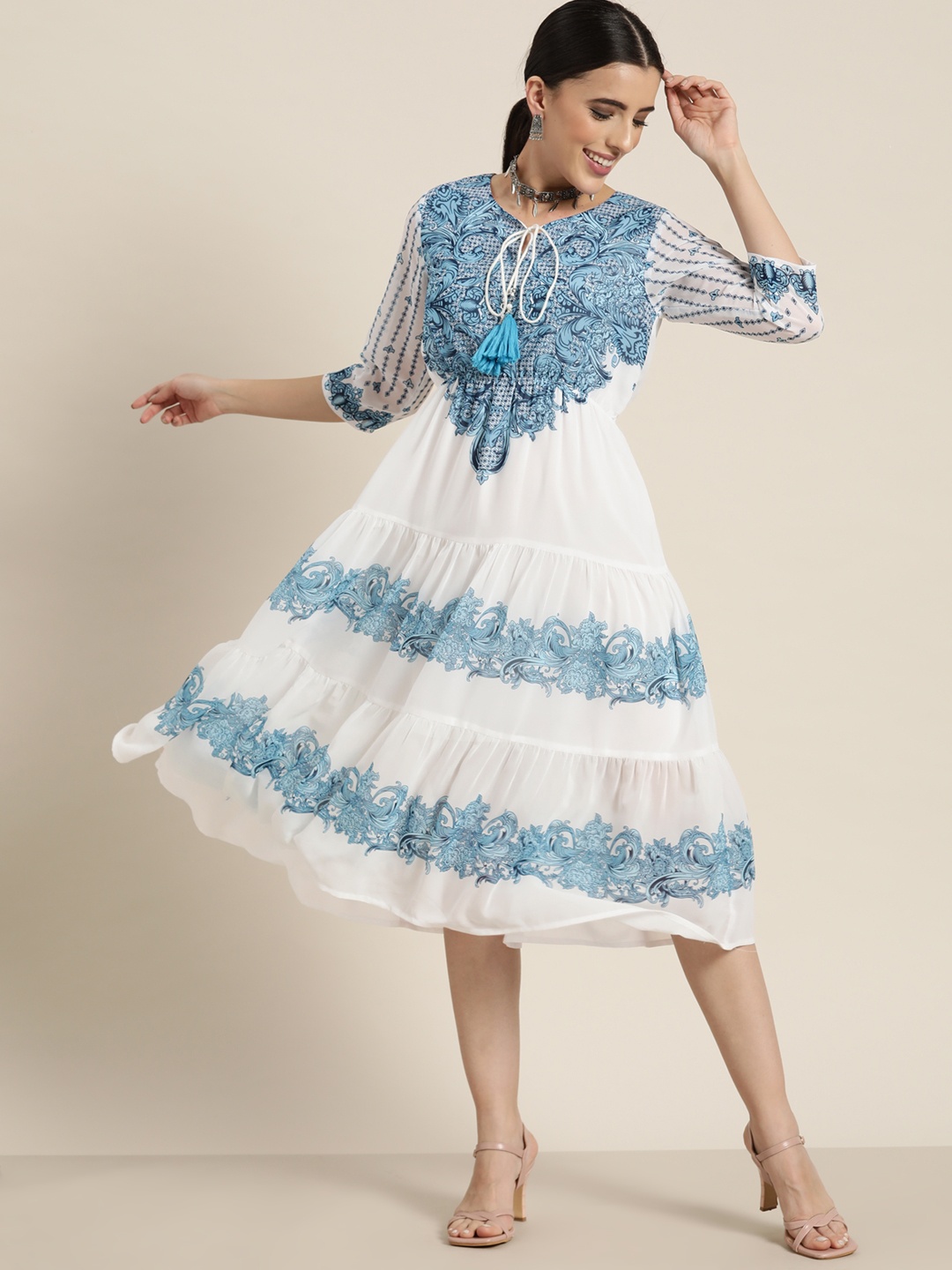 

Juniper Women Off White & Blue Ethnic Motifs Printed Georgette A-Line Tiered Dress