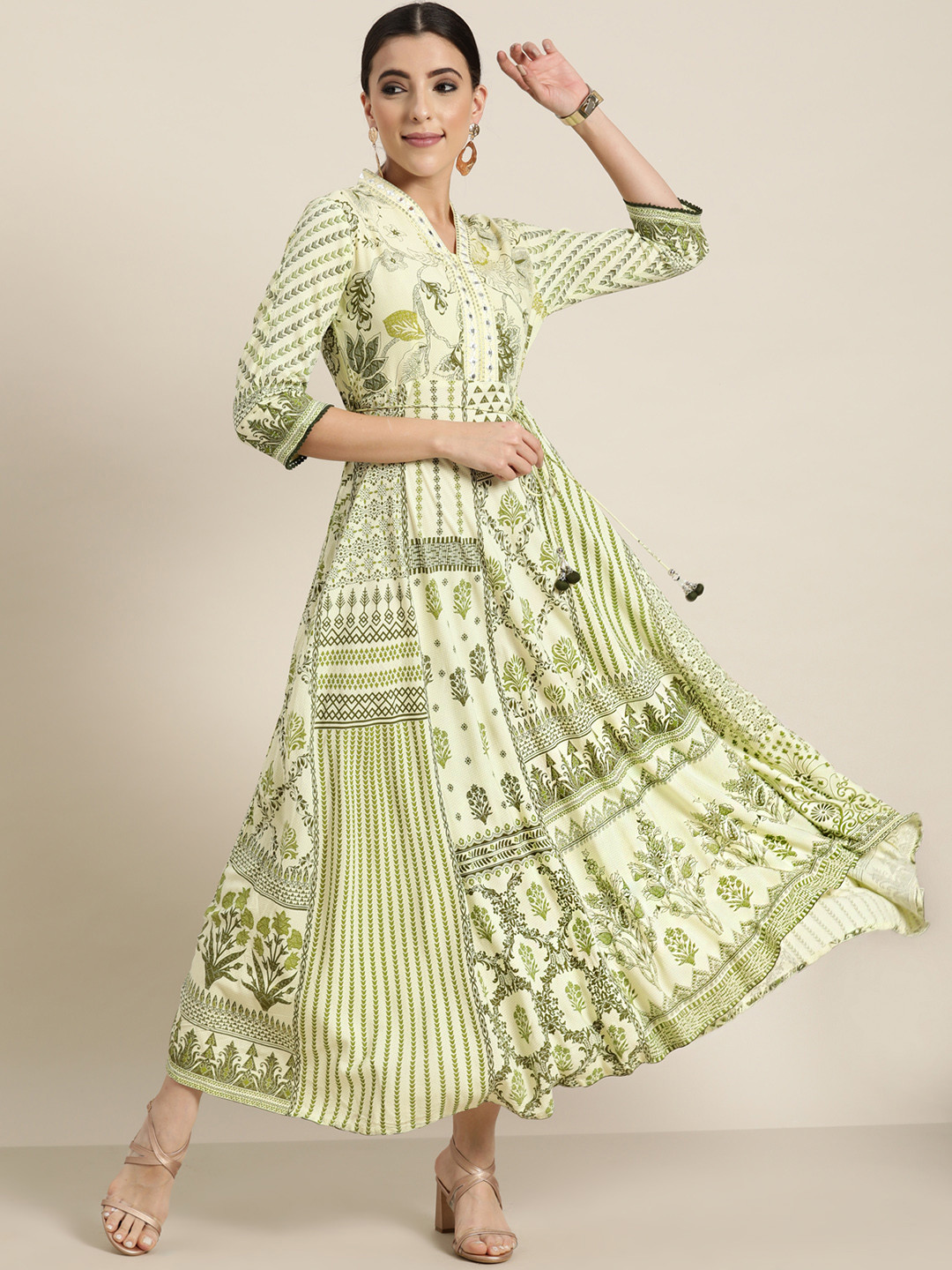 

Juniper Women Off White & Olive Green Floral Printed A-Line Flared Dress with Belt