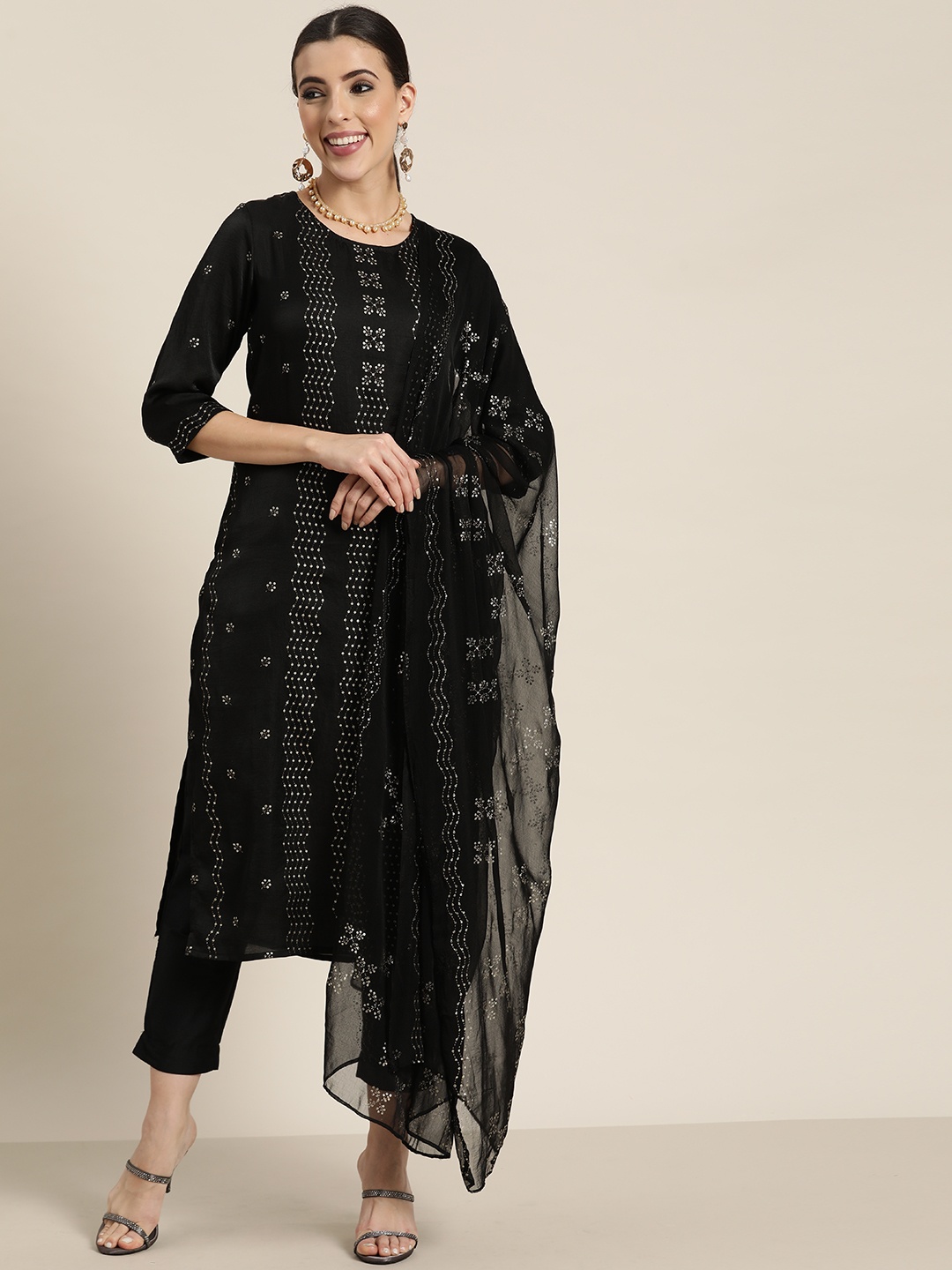 

Juniper Women Black Ethnic Motifs Printed Sequinned Straight Kurta Pant Dupatta Set