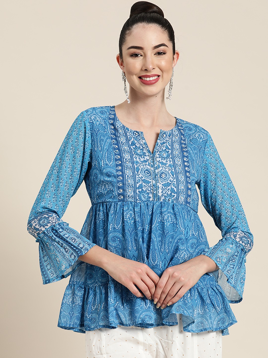 

Juniper Women Blue Ethnic Motifs Printed Ruffles Tiered Top