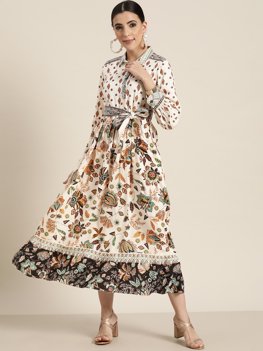 

Juniper Women Beige & Orange Ethnic Motifs Printed A-Line Tiered Dress with Belt