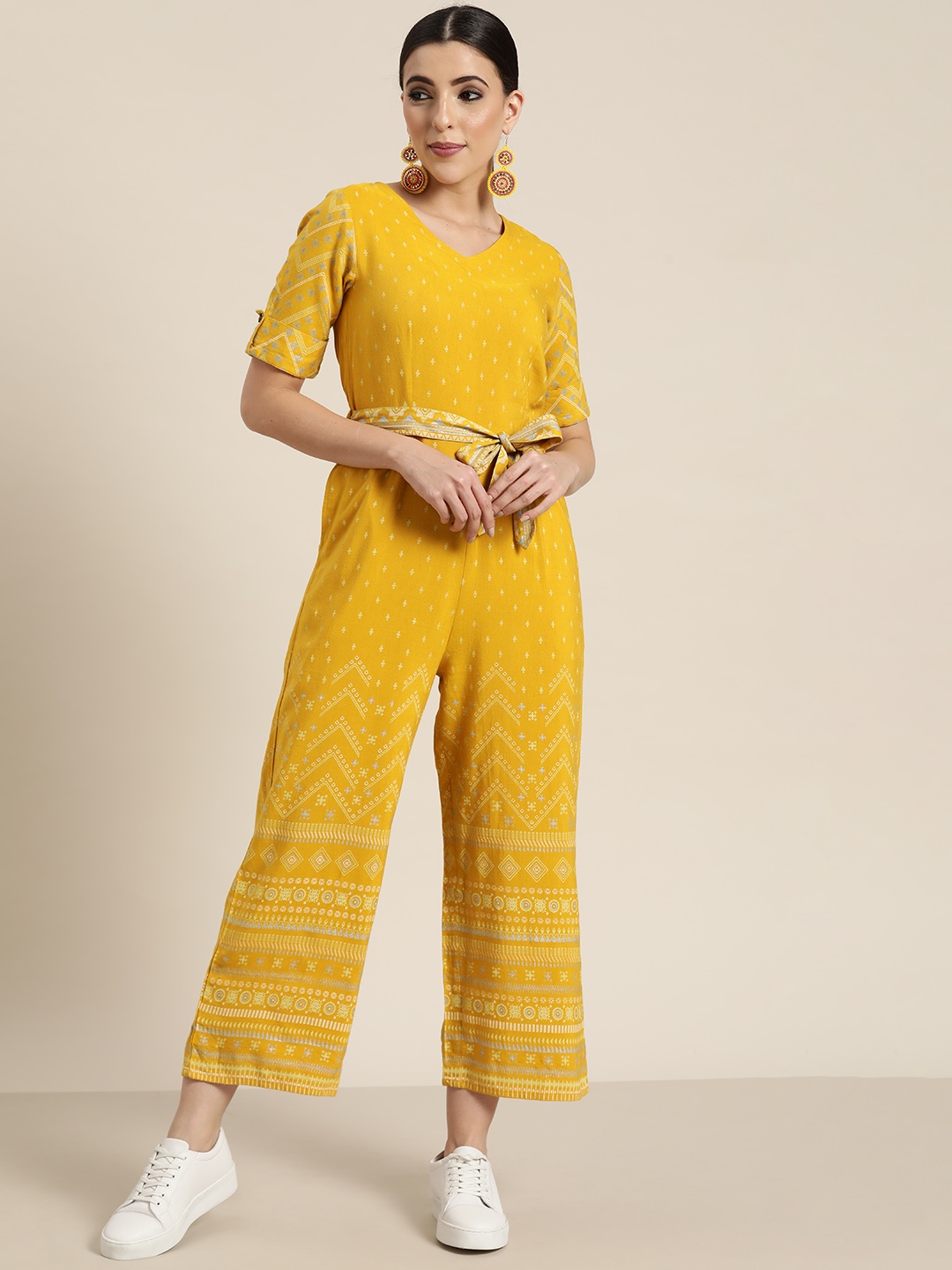 

Juniper Women Mustard Yelloe Ethnic Motifs Printed Ethnic Jumpsuit with Belt